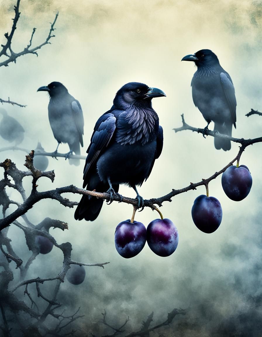 Plums and Crows in Fog: A Detailed Atmospheric Painting