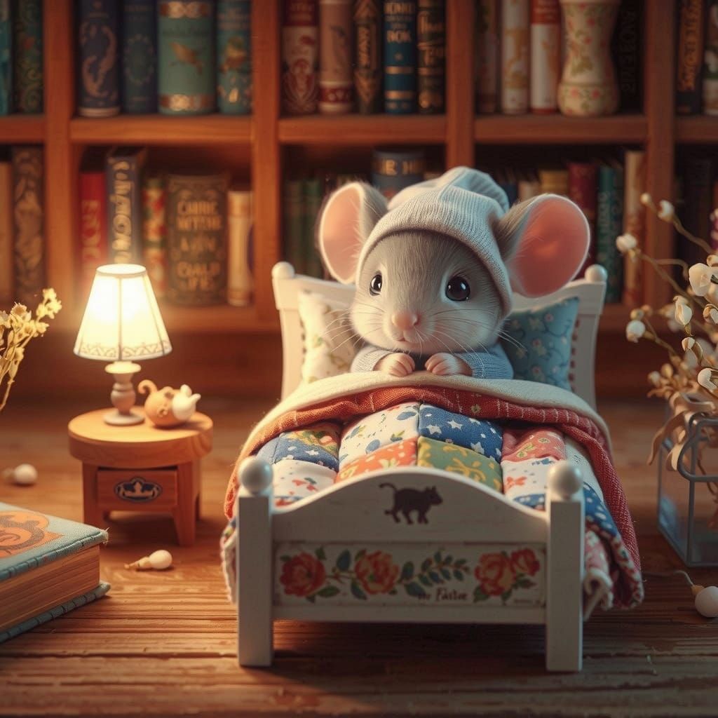 Cozy Whimsical Nighttime Scene with Baby Mouse in Matchbox B...