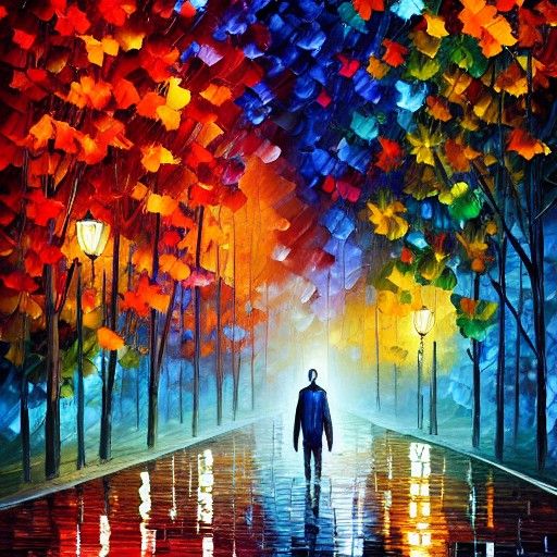 Psychedelic Giant Walks Autumn Street, Fractal Art