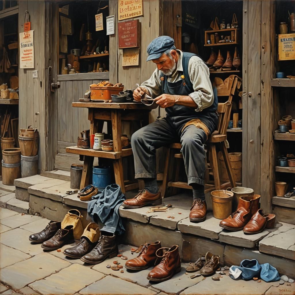 Charming Cobbler Shop in Oil Painting Style
