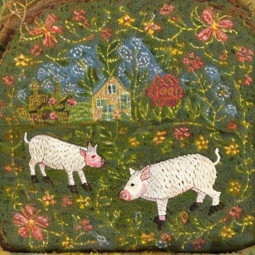 Whimsical Folk Art: Embroidered Pigs in a Garden