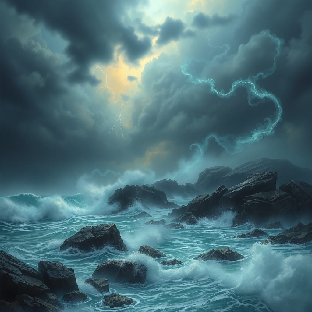 Misty Stormy Seascape in Whimsical Artistic Style