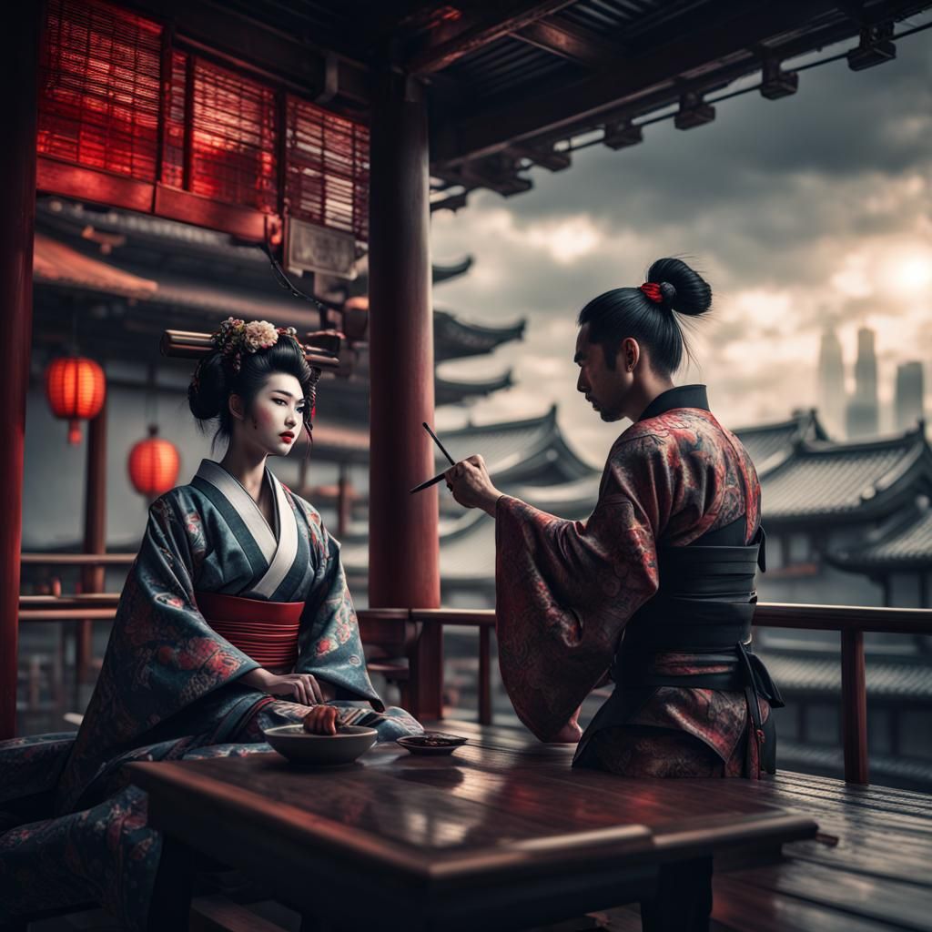 Cyberpunk Geisha Serves Samurai on Terrace