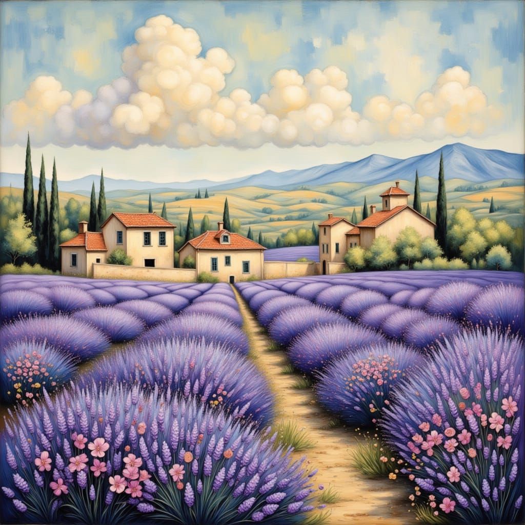 Provence Lavender Fields in Impasto Oil Style