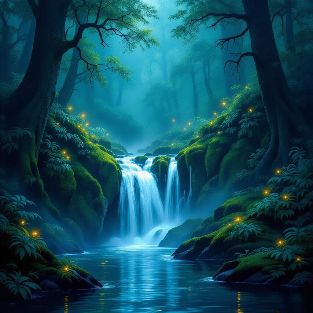 Enchanted Waterfall in Bioluminescent Forest