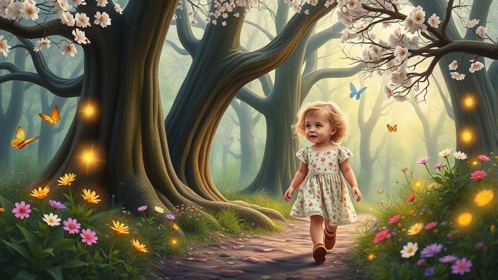Young Girl in Whimsical Forest Landscape