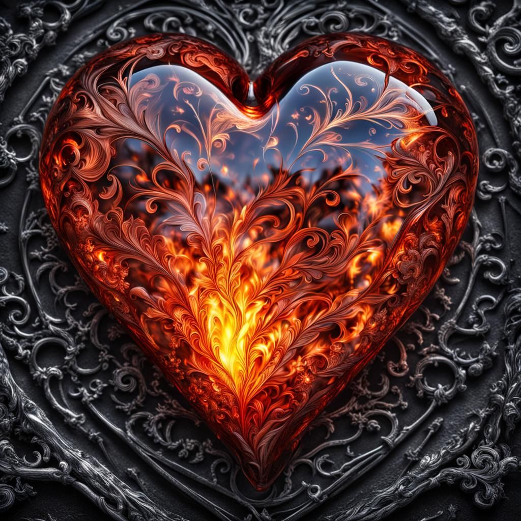 Glass Heart with Trapped Fire: Hyperrealistic Image