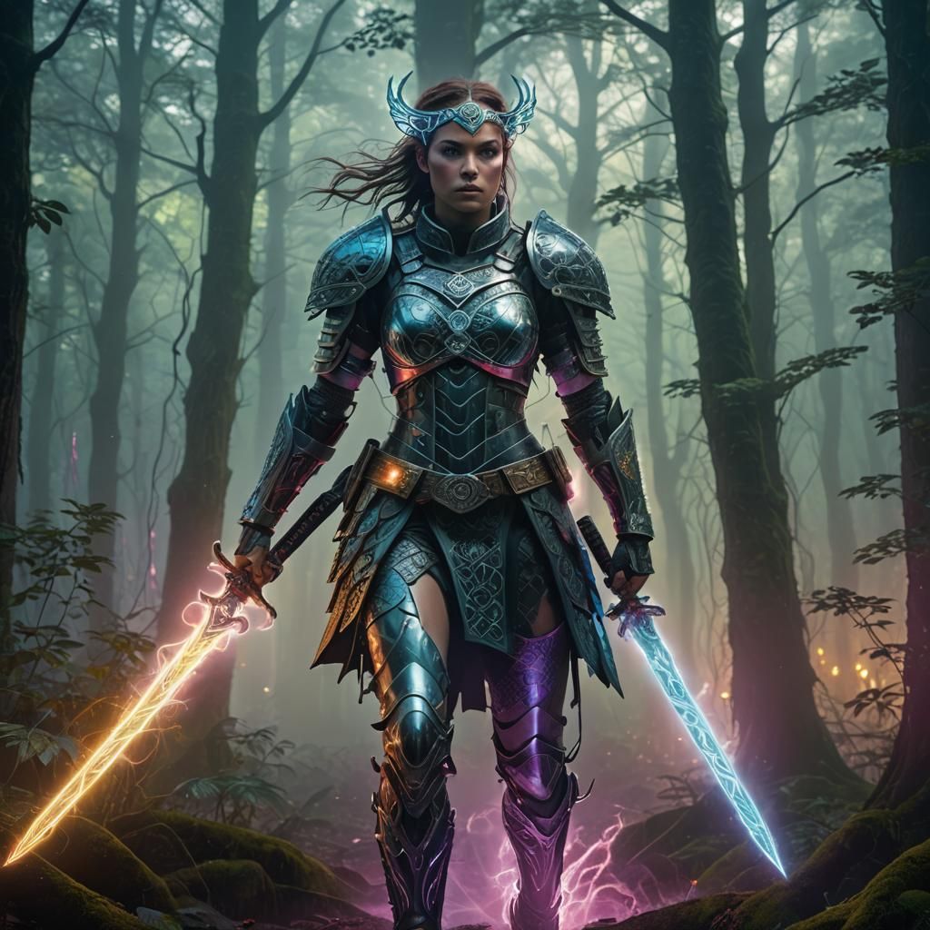 Celtic Sci-Fi Warrior in Neon Forest