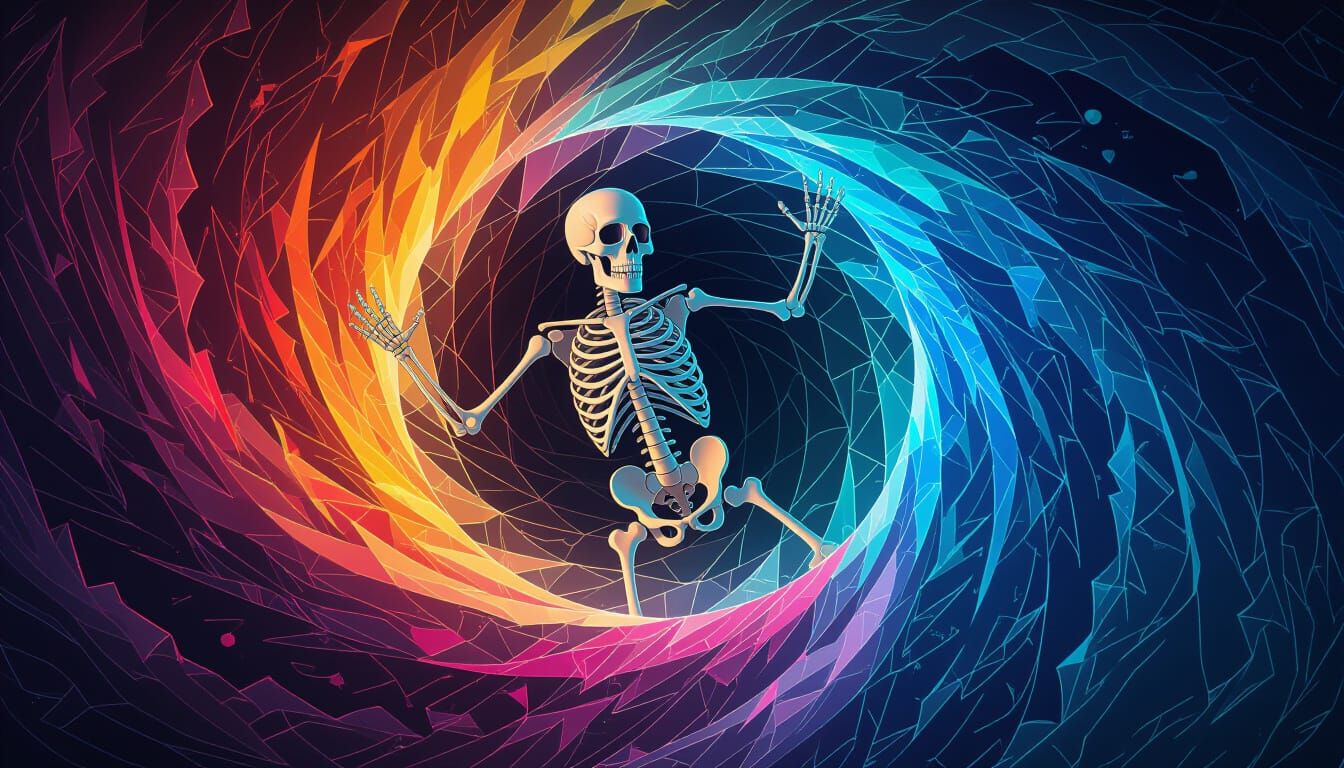 Skeleton Emerges From Kaleidoscopic Vortex: Digital Art