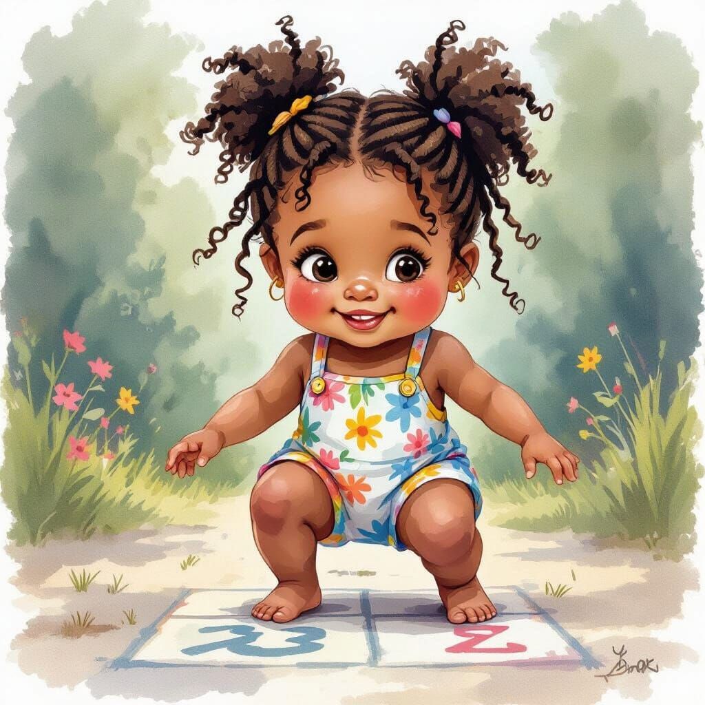 Joyful Girl Playing Hopscotch in Watercolor Style
