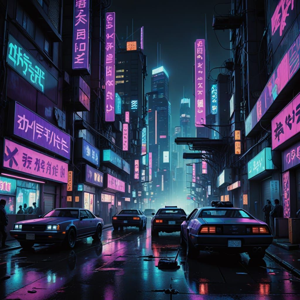 Cyberpunk Cityscape in Neon Noir Style