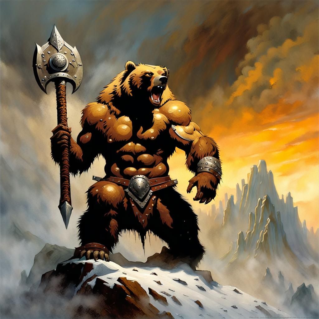 Grizzly Bear Warrior on Misty Peak: Airbrush Art