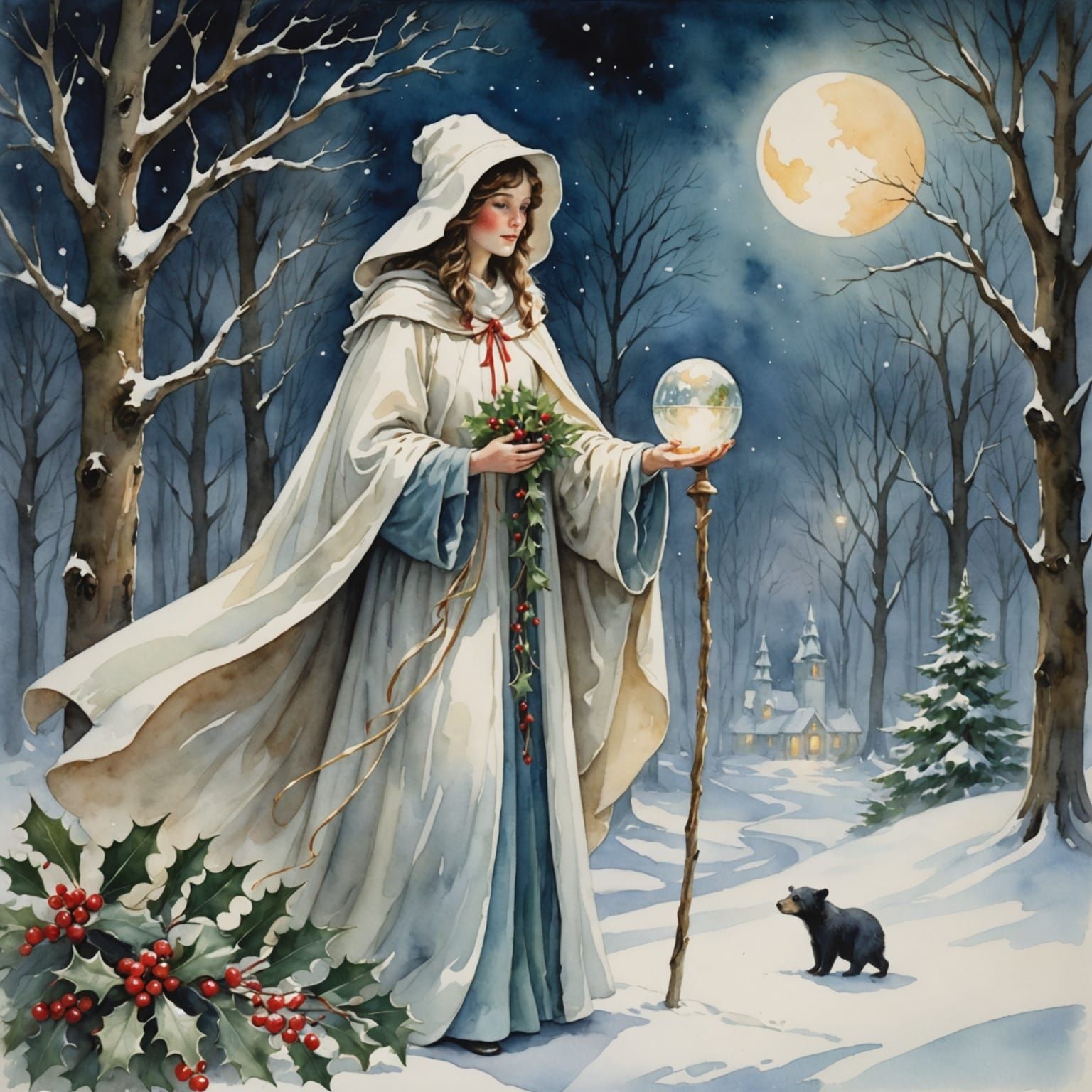 Magical Winter Scene with Mystical Figure in Watercolor and...