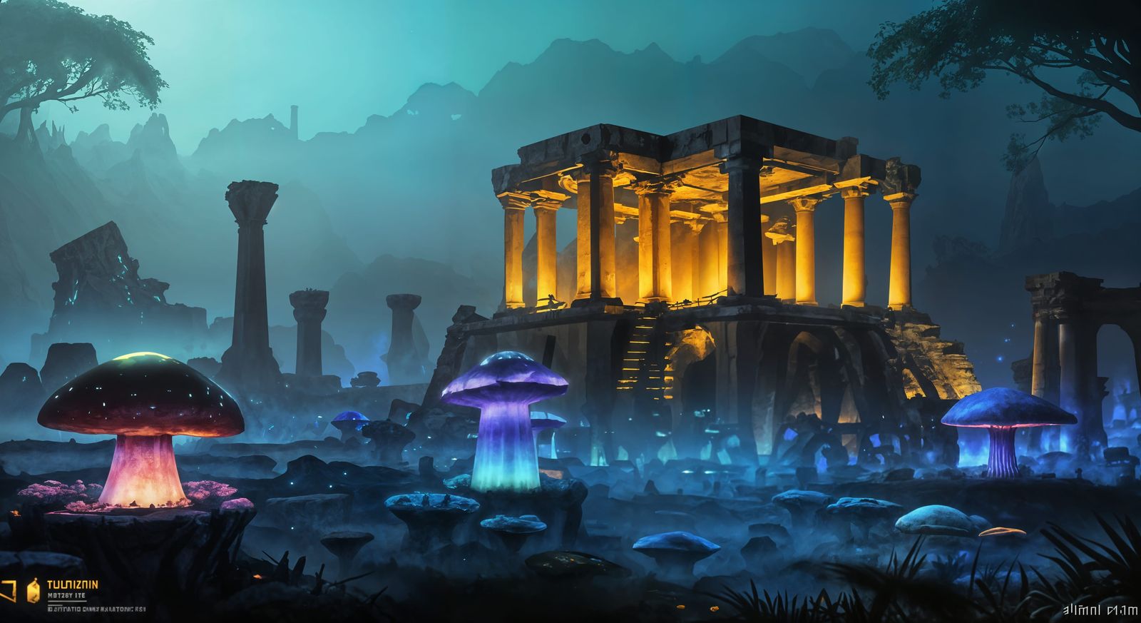 Subterranean Ruins with Luminescent Mushrooms as Oil Paintin...