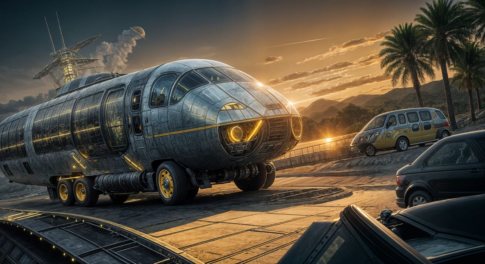 Futuristic Yellow Turtle Transport in Atomic Era Style