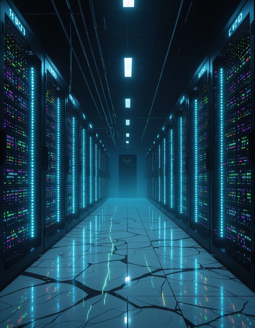 Dark Digital Necropolis with Glowing Server Racks