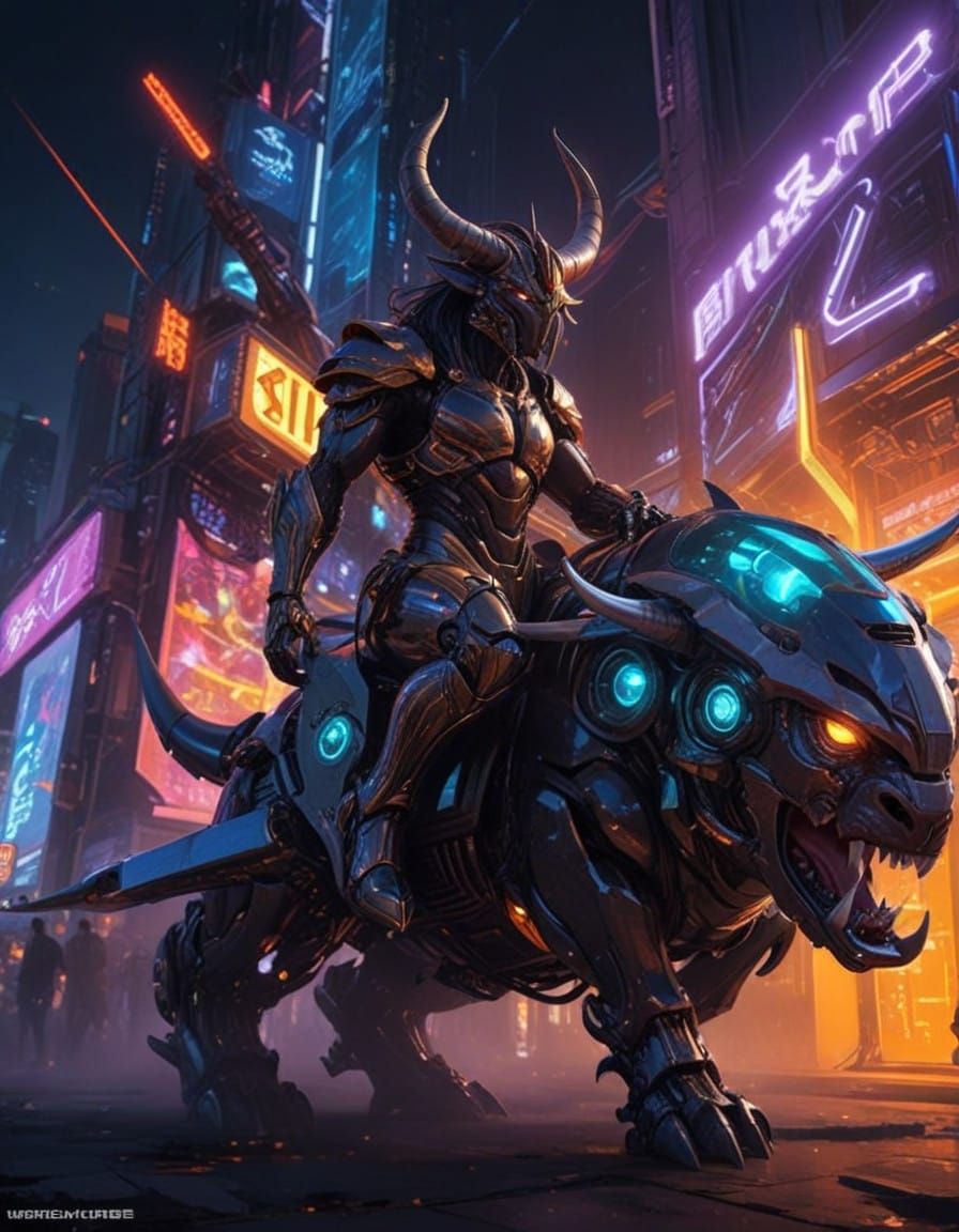 Cyborg Minotaur Warrior in Futuristic City Nightlife