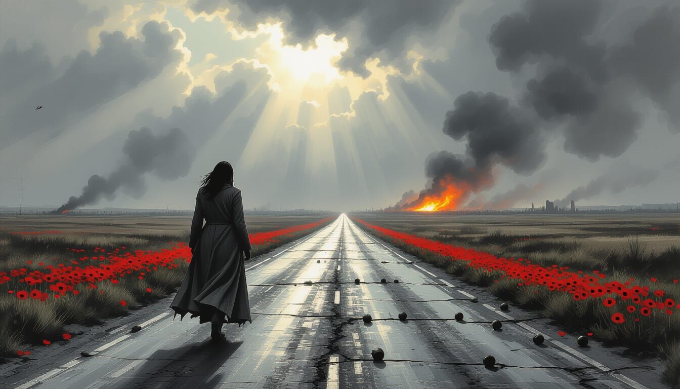 Desolate Road with Poppies: Black and White Illustration