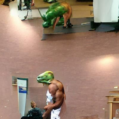 Dinosaur-Headed Bodybuilder: A Surreal Hybrid