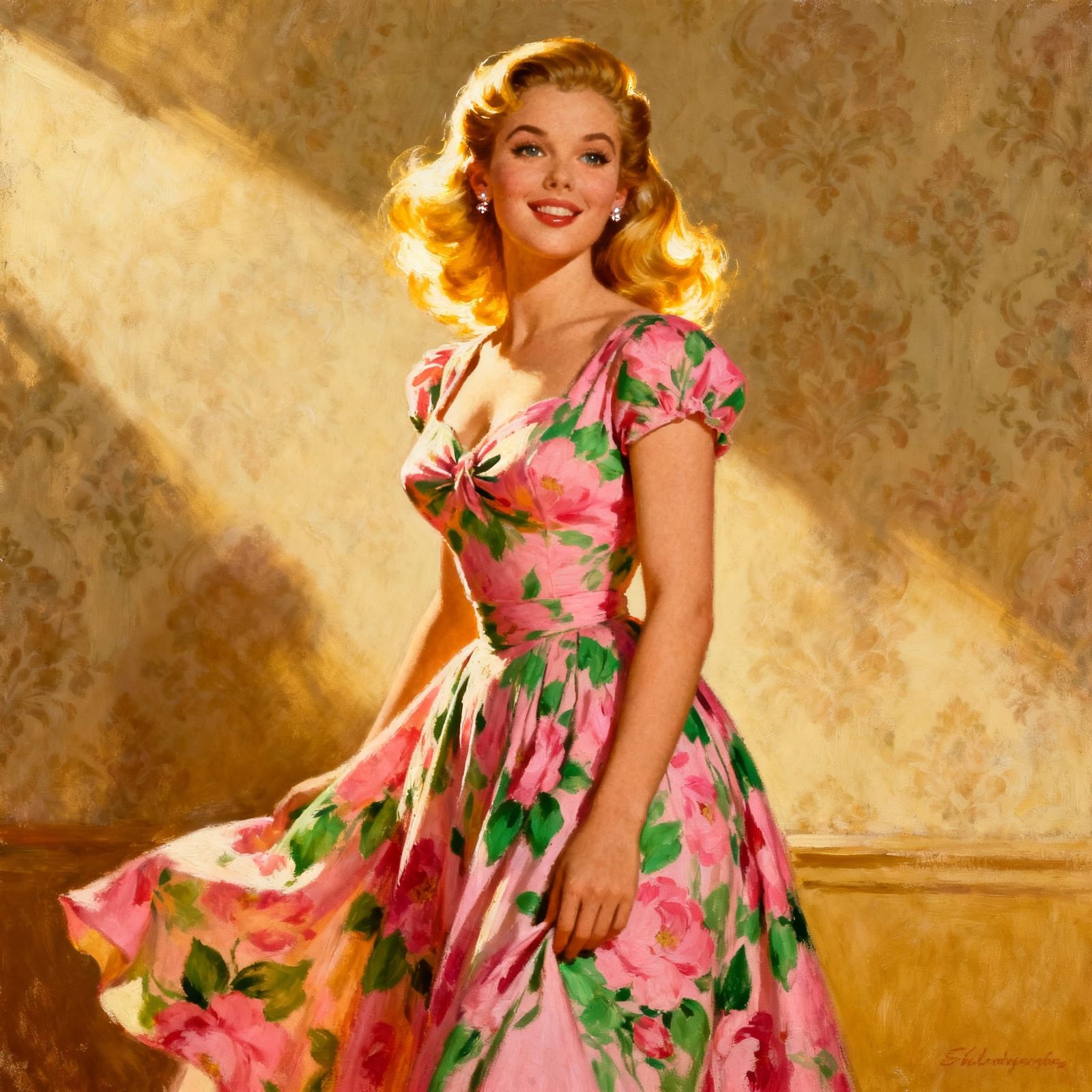 1940s Pin-Up Woman in Floral Dress