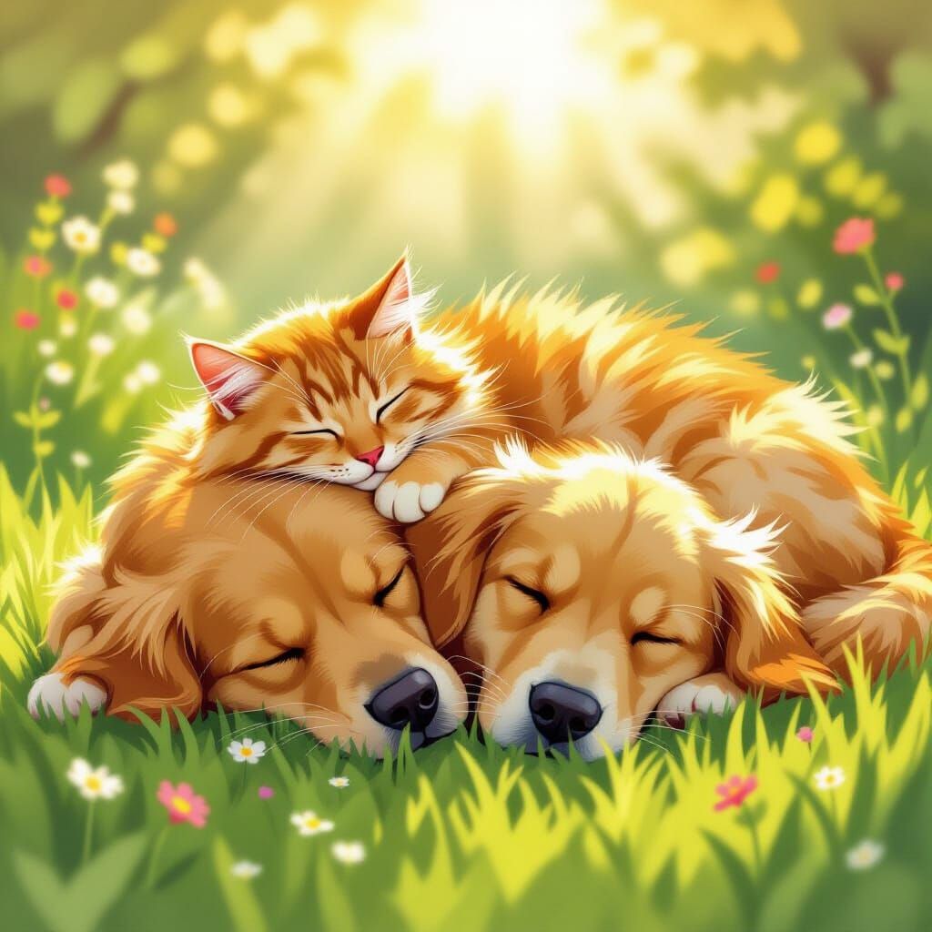 Fluffy Cat Sleeps Peacefully On Golden Retriever In Garden
