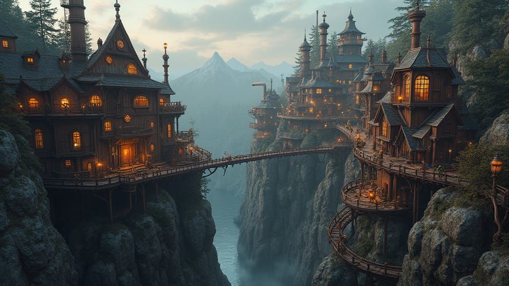 Steampunk Village on Cliffs: Surreal Matte Painting
