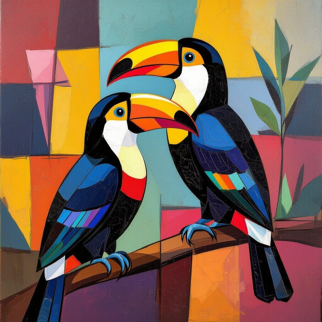 Vibrant Cubist Toucans with Textured Abstract Style