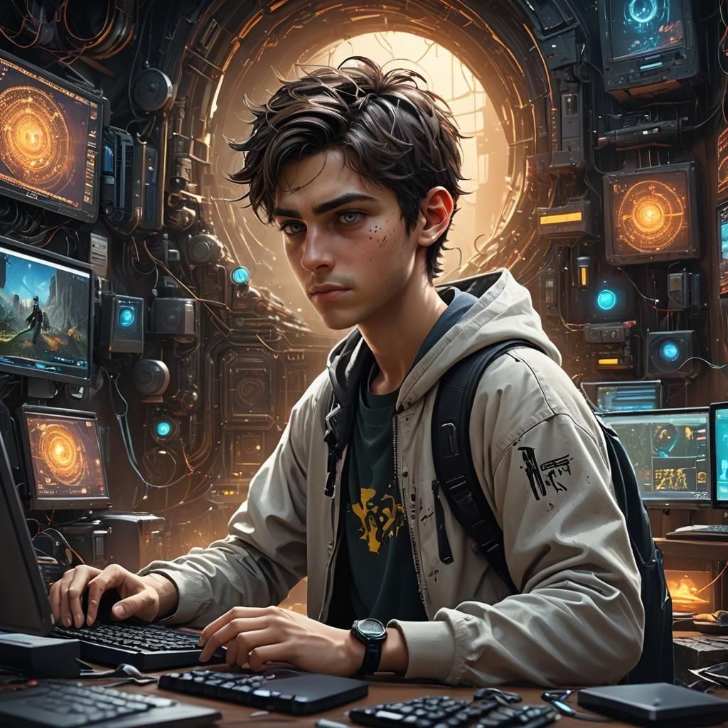 Boy Hacking Computer in Detailed Matte Painting