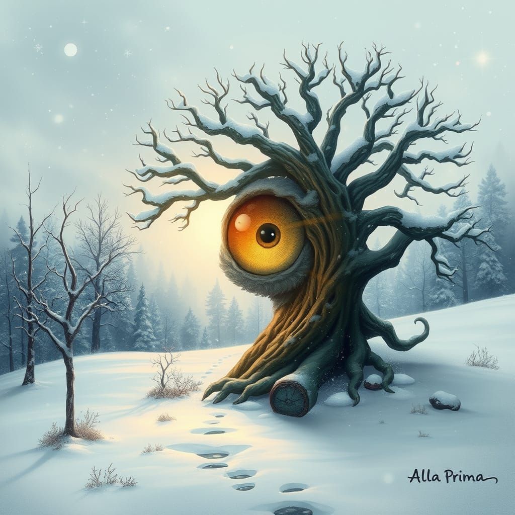 Winter landscape, tree of life chibi monster.