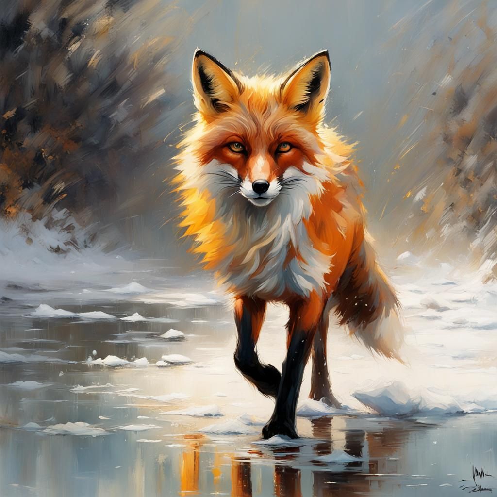 Fox on Frozen Lake with Gold Paint Strokes