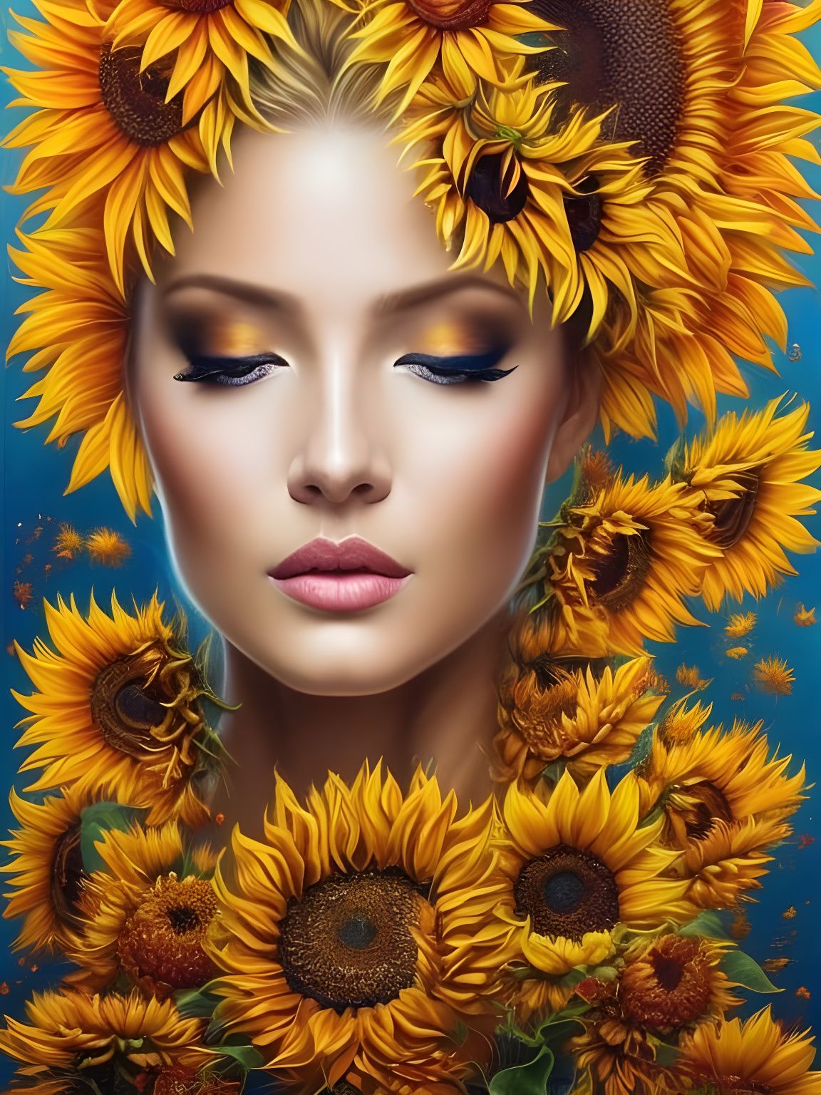 Sunflower Goddess Portrait in Surreal Style