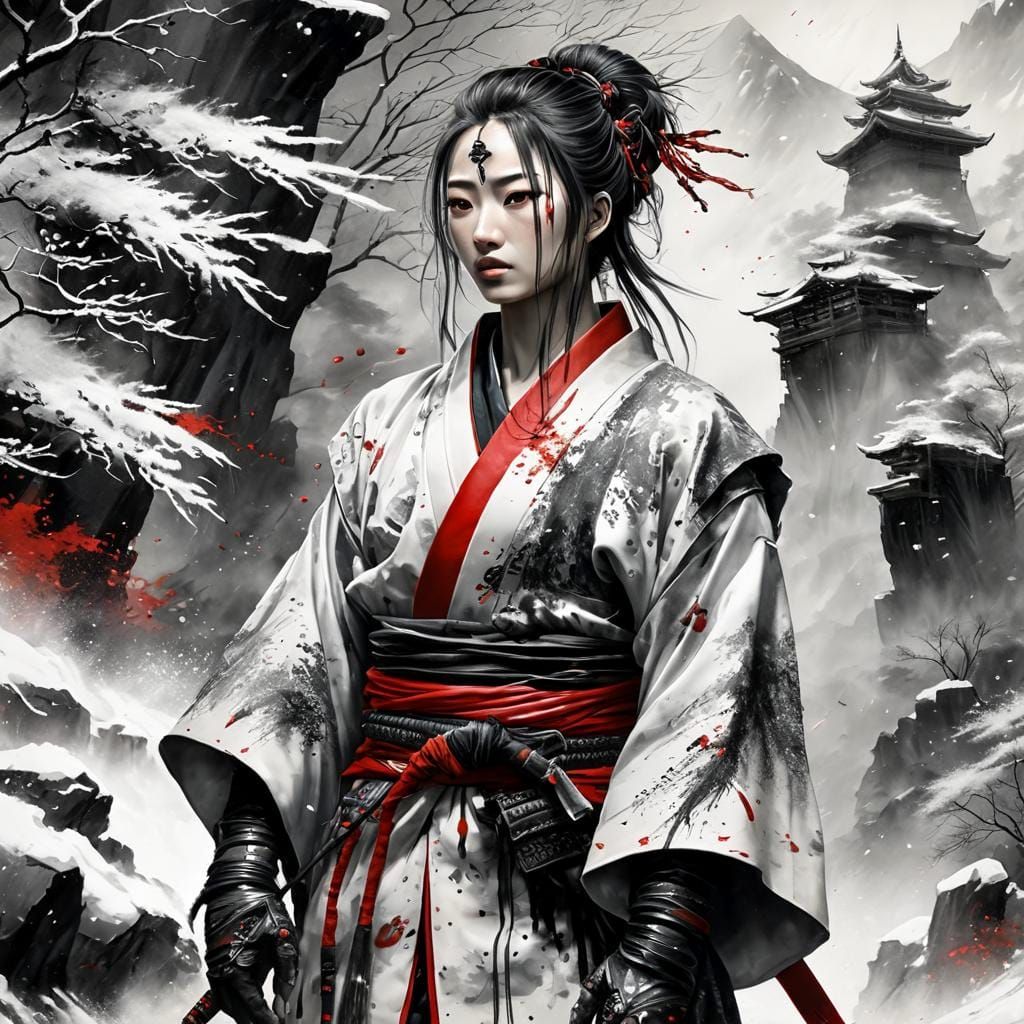 Samurai Confrontation in Snowy Pass: Sumi-e Ink Painting