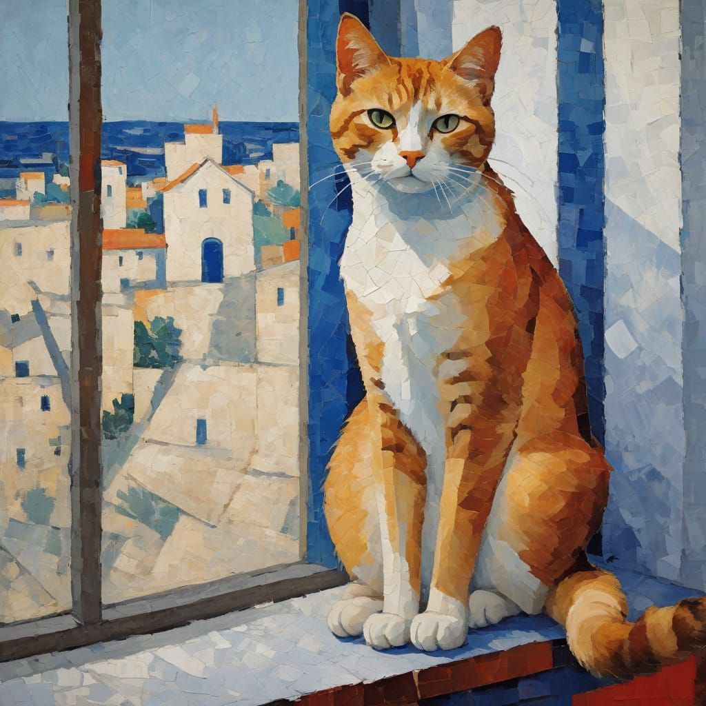 Expressionist Cat Gazing Out Window in Muted Tones