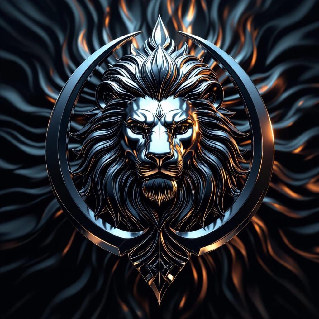 Stainless Steel Sikh Khanda with Lion Head in Digital Art St...