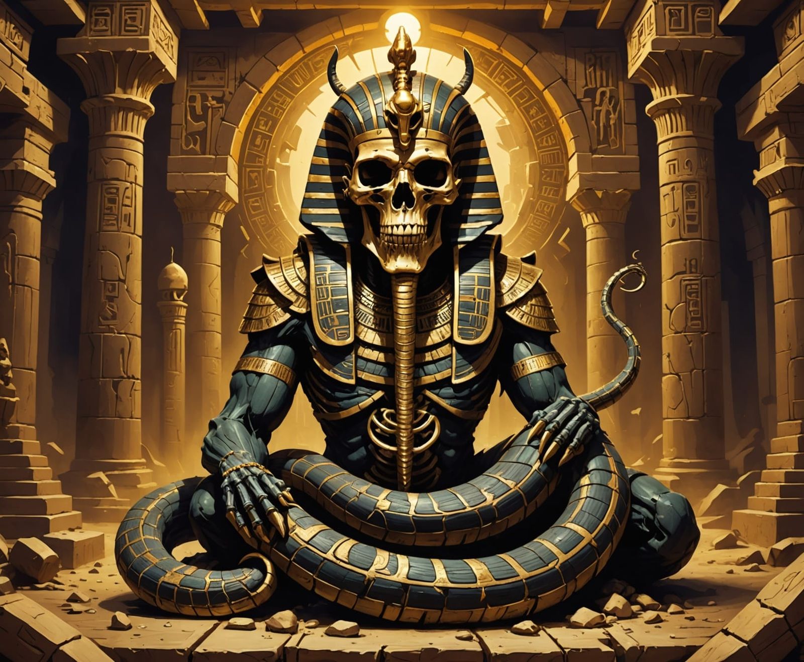 Skeletal Serpent God in Decaying Temple