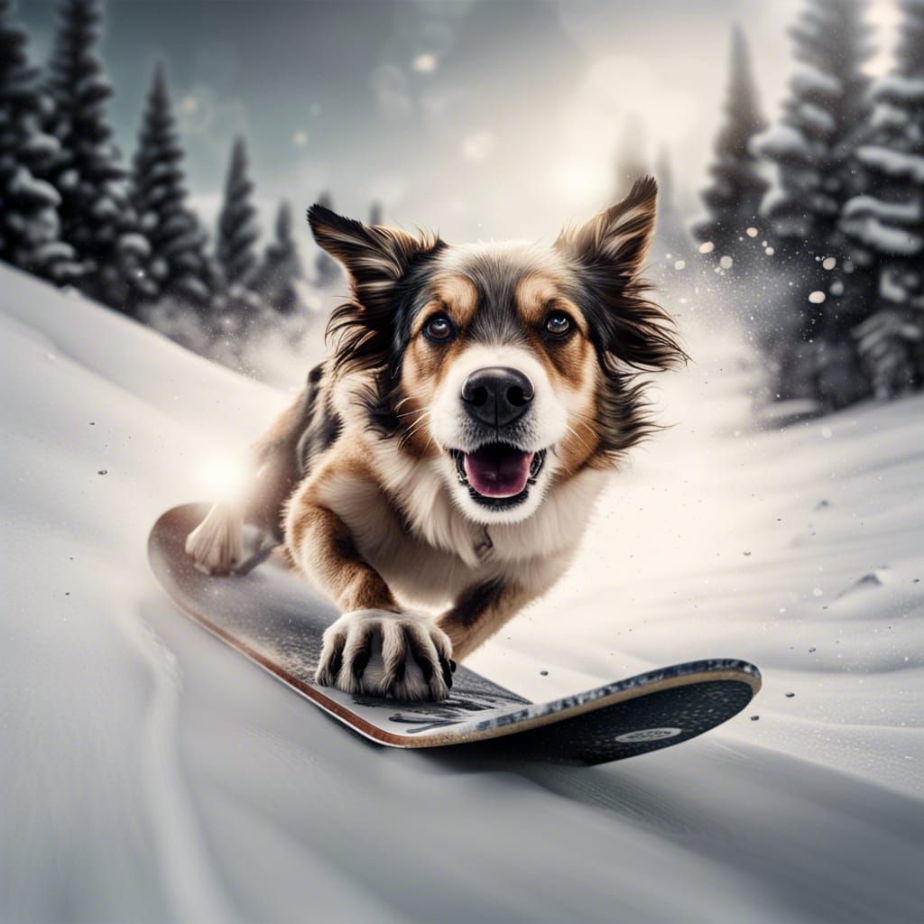 Dog Snowboarding Flip: Hyperrealistic 64 Megapixel Image
