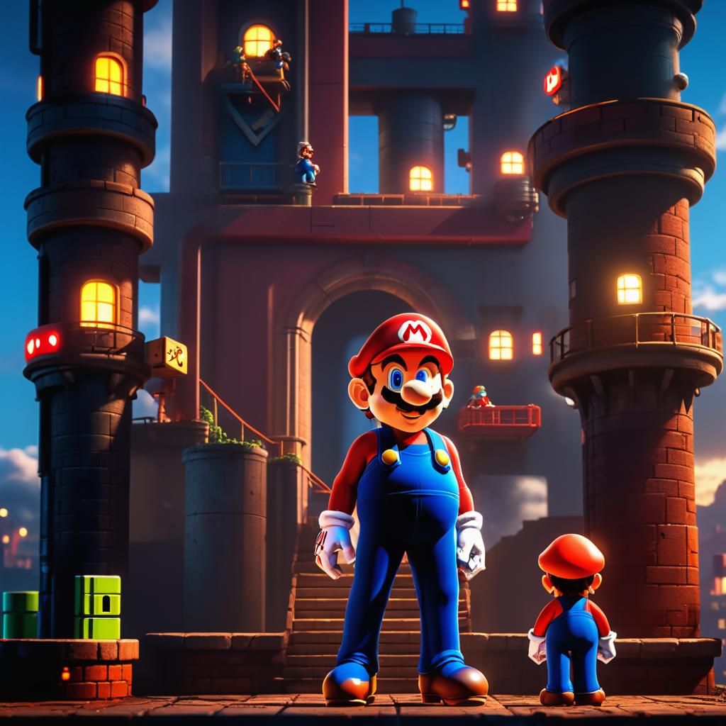 Hyper-Realistic Super Mario Bros Tower in Dramatic Cinematic...