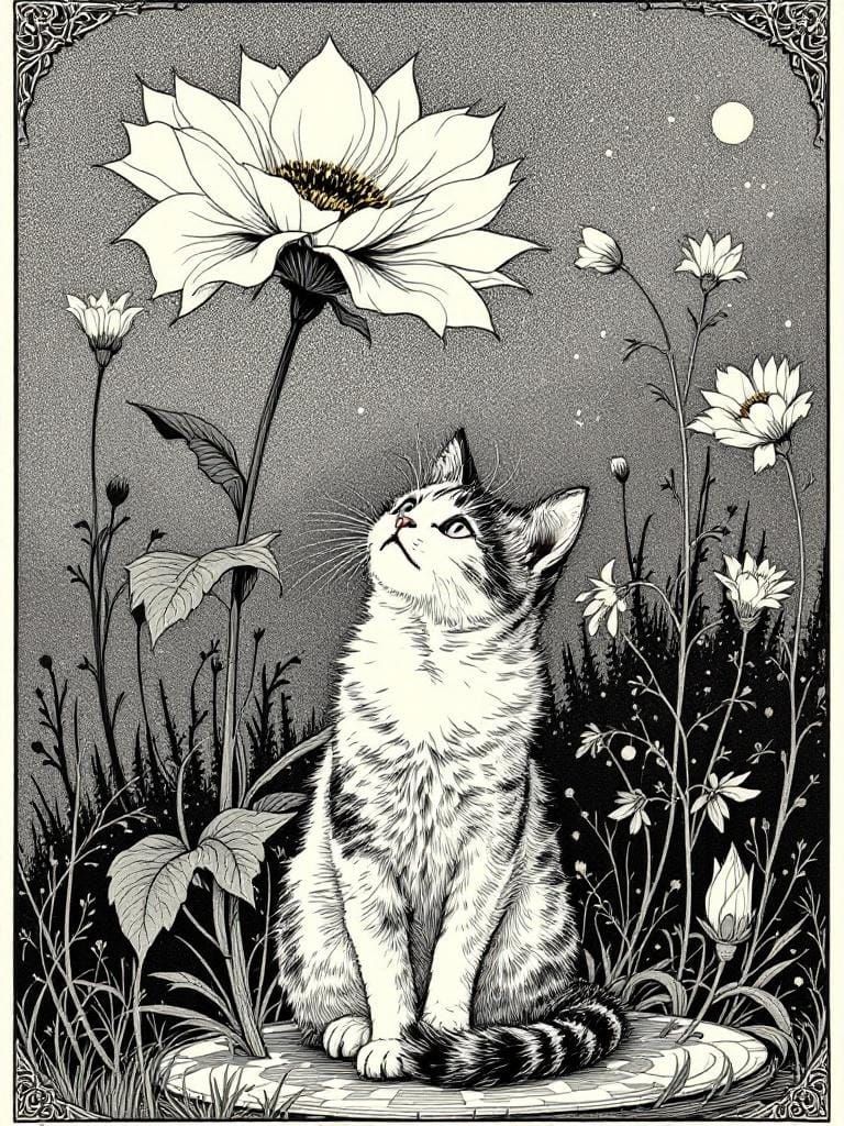 Cat Under Flower in Decorative Fine Linework Style