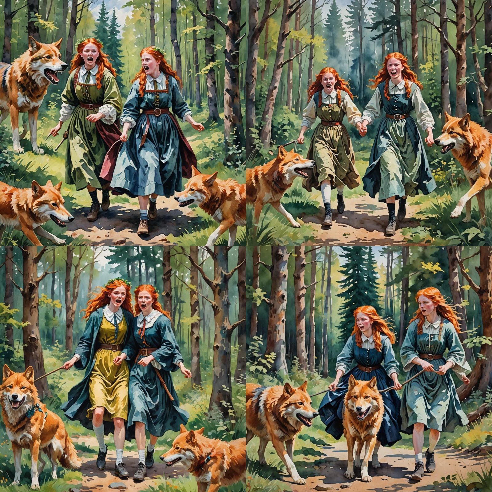 Startled Shepherdesses in Gouache Style