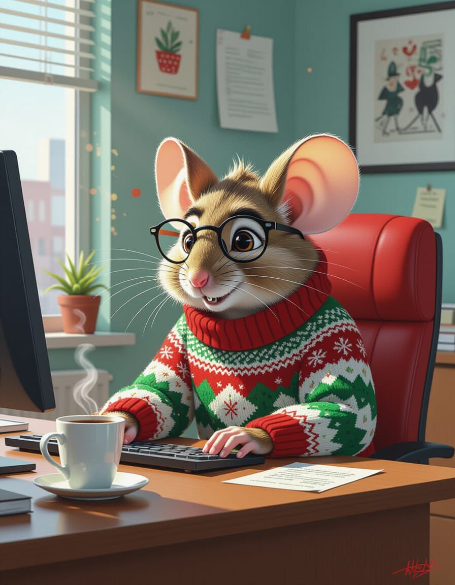 Jerry Mouse Works on PC in Festive Office