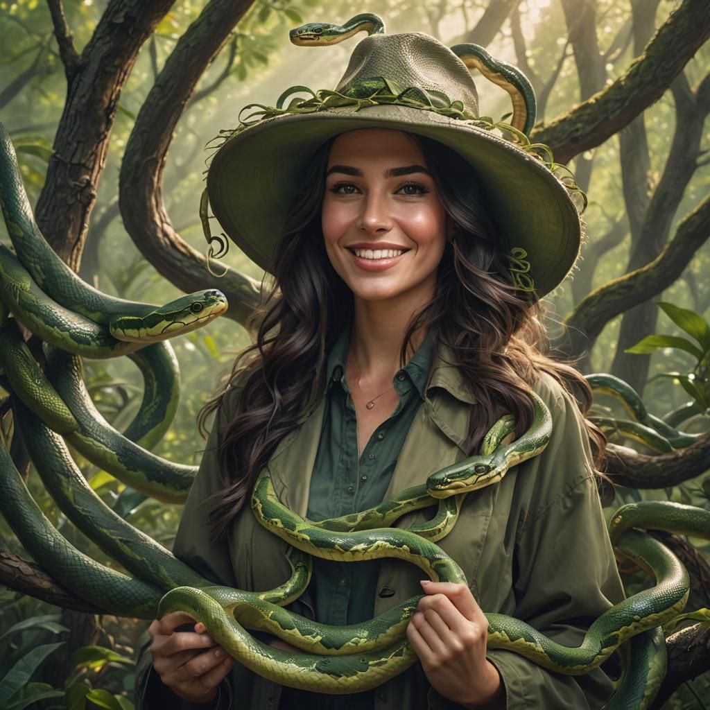Jungle Portrait: Woman with Snakes in Hyperrealistic Style