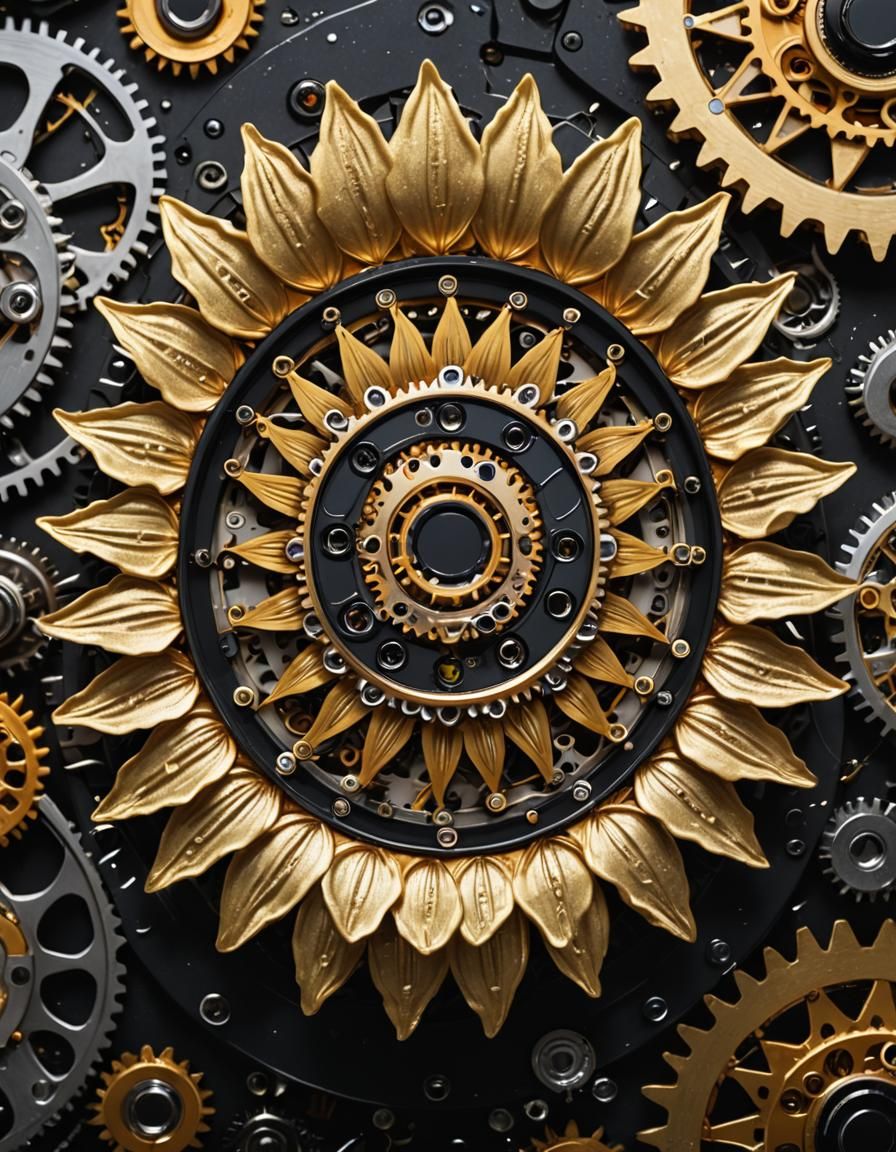 Mechanical Sunflower Macro Photograph in Hyperrealistic Styl...