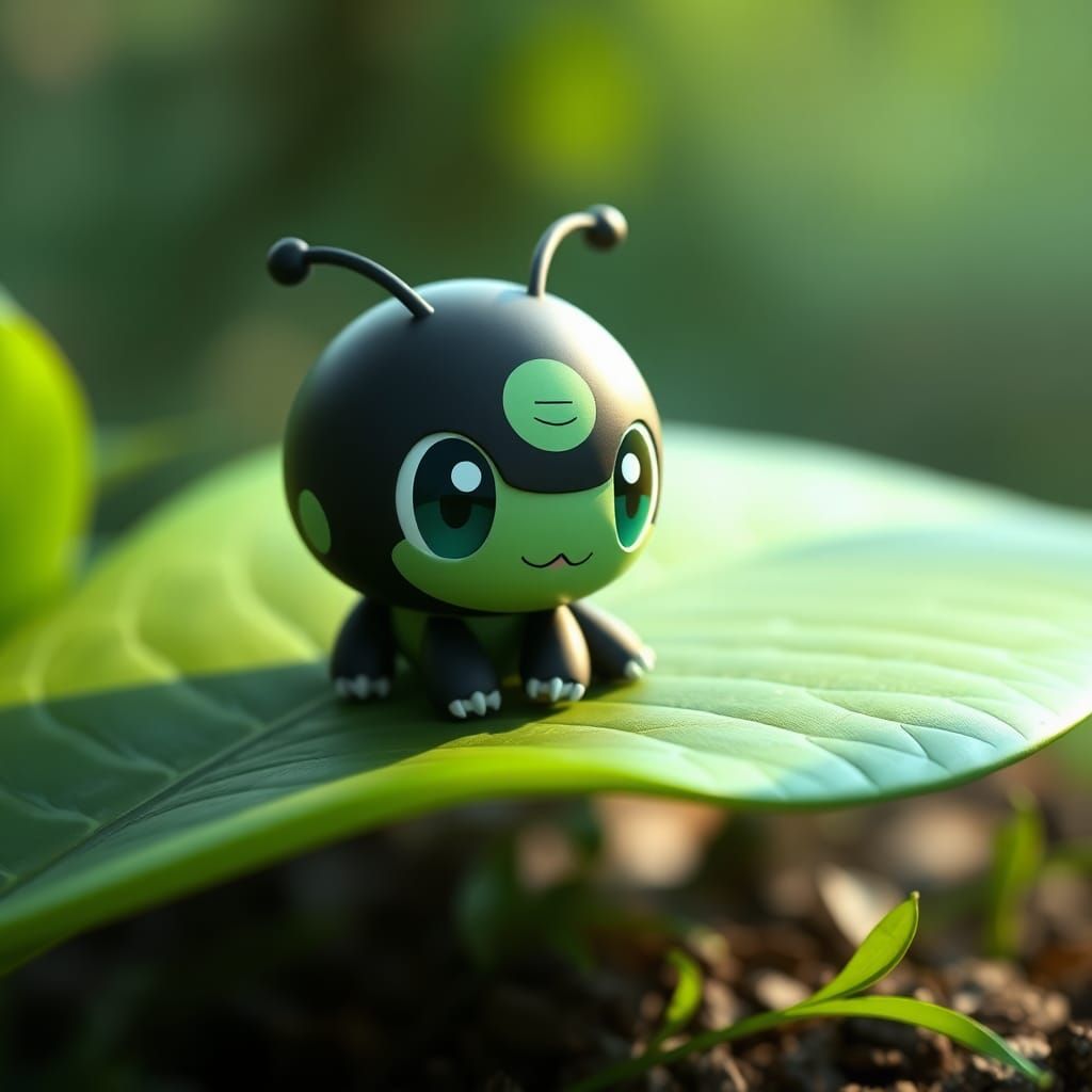 Chibi Larva Pokémon on Leaf in 3D Style