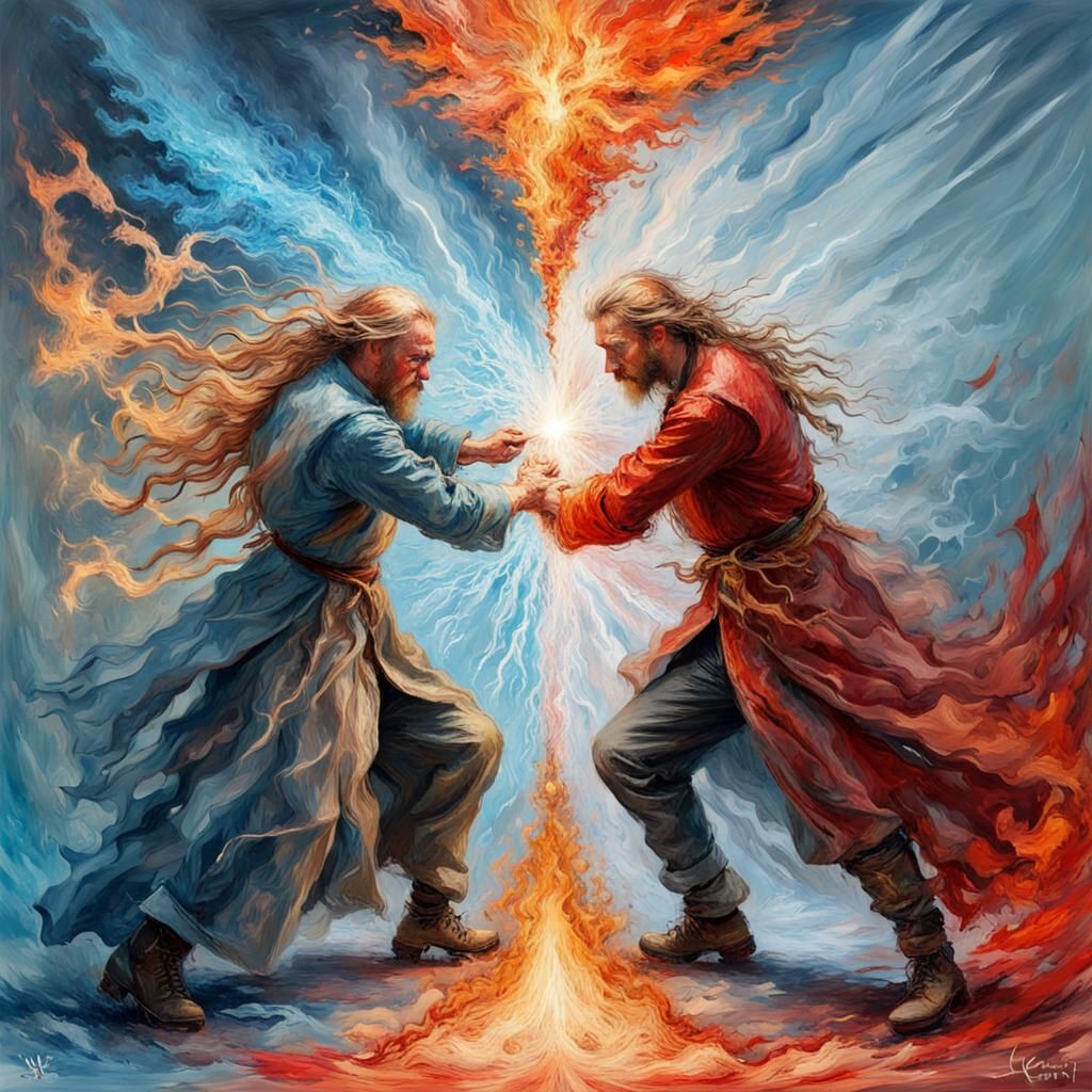 Fire vs Ice Wizard Battle in Impressionism Style