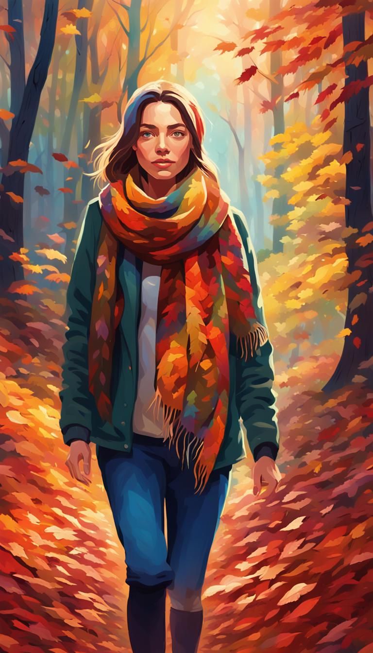 Autumn Woman in Forest: Vibrant Oil Painting