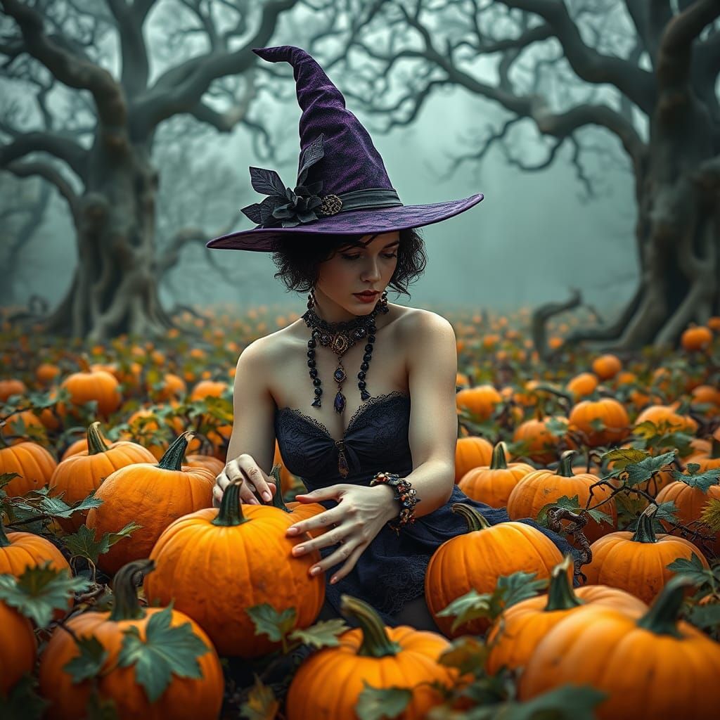 Gothic Witch in Pumpkin Patch, Matte Painting