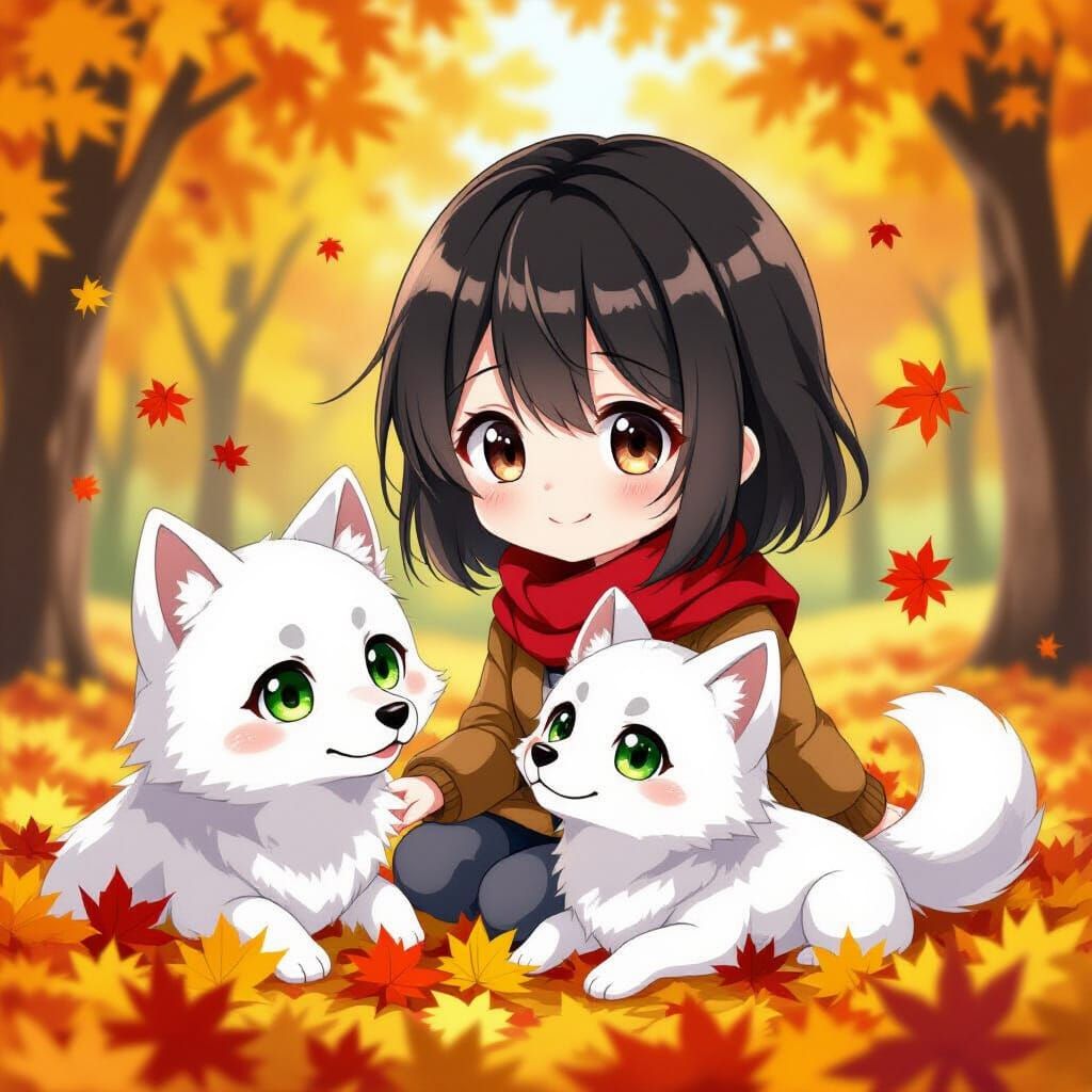 Anime Woman and Wolf Playing in Autumn Leaves