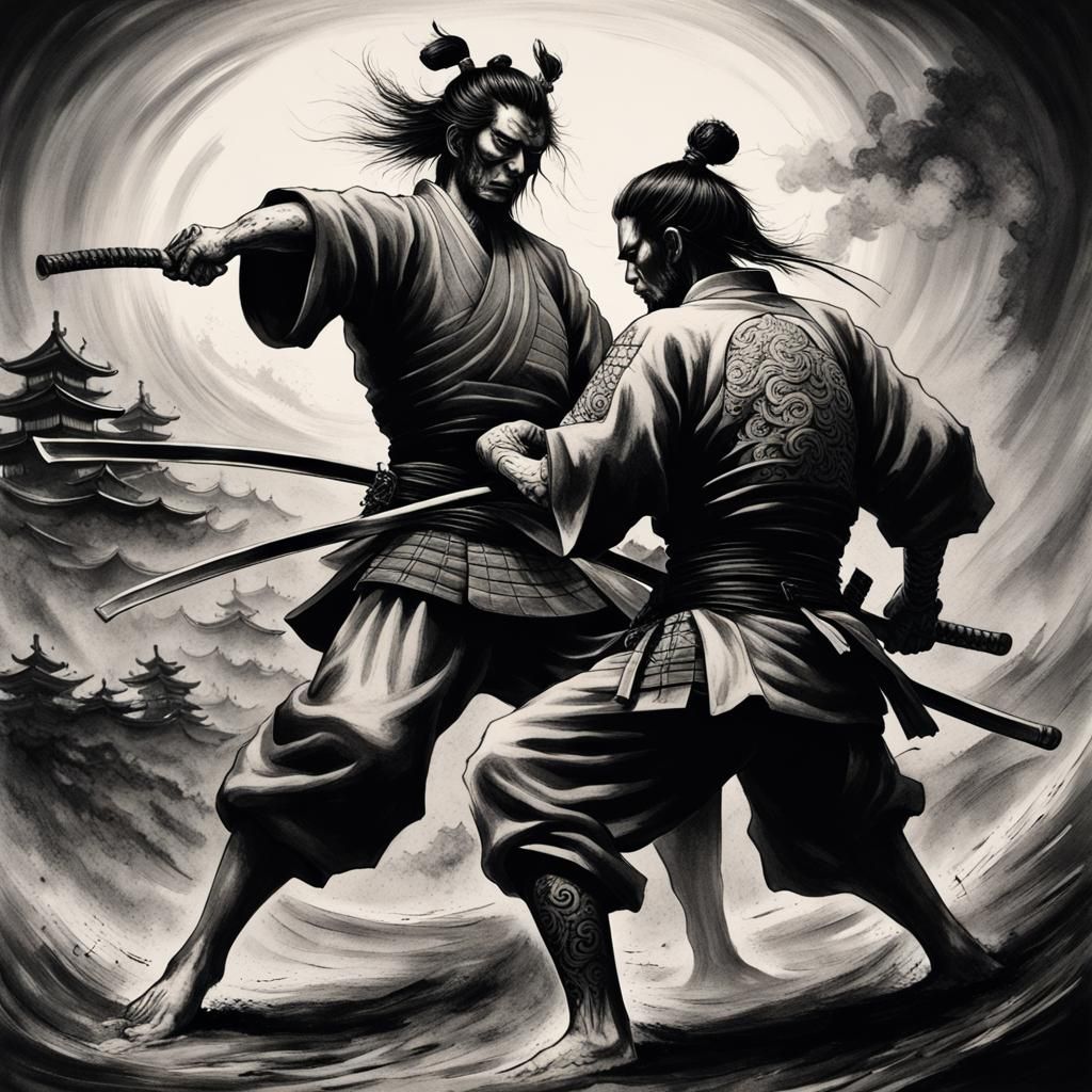 Samurai Tattoo Art: Black and White Fight Scene