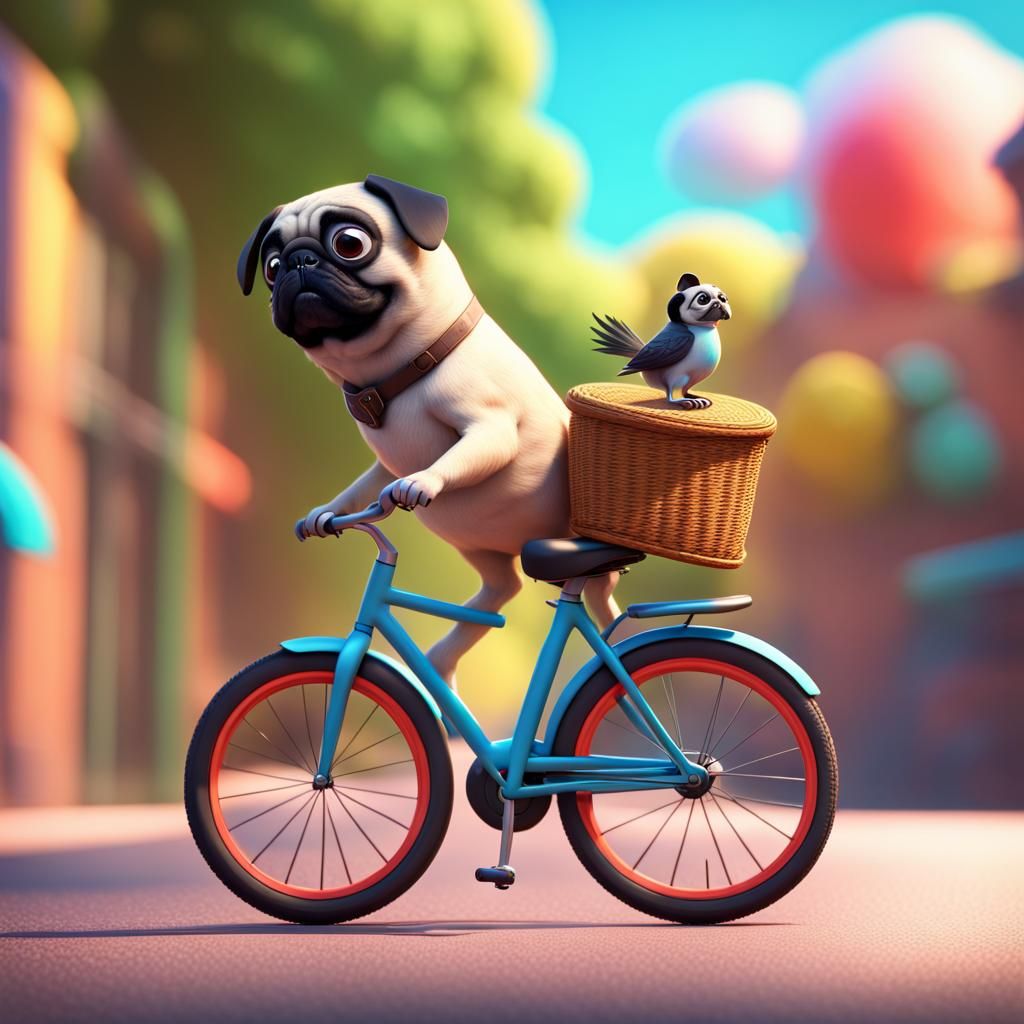 a bird riding a pug riding a bicycle