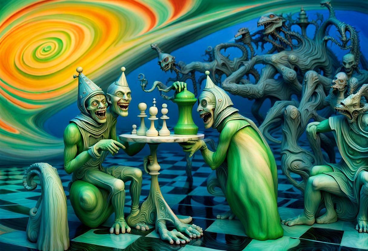 two crazy jesters laughing, H.R. Giger, psychedelic 3D chess...